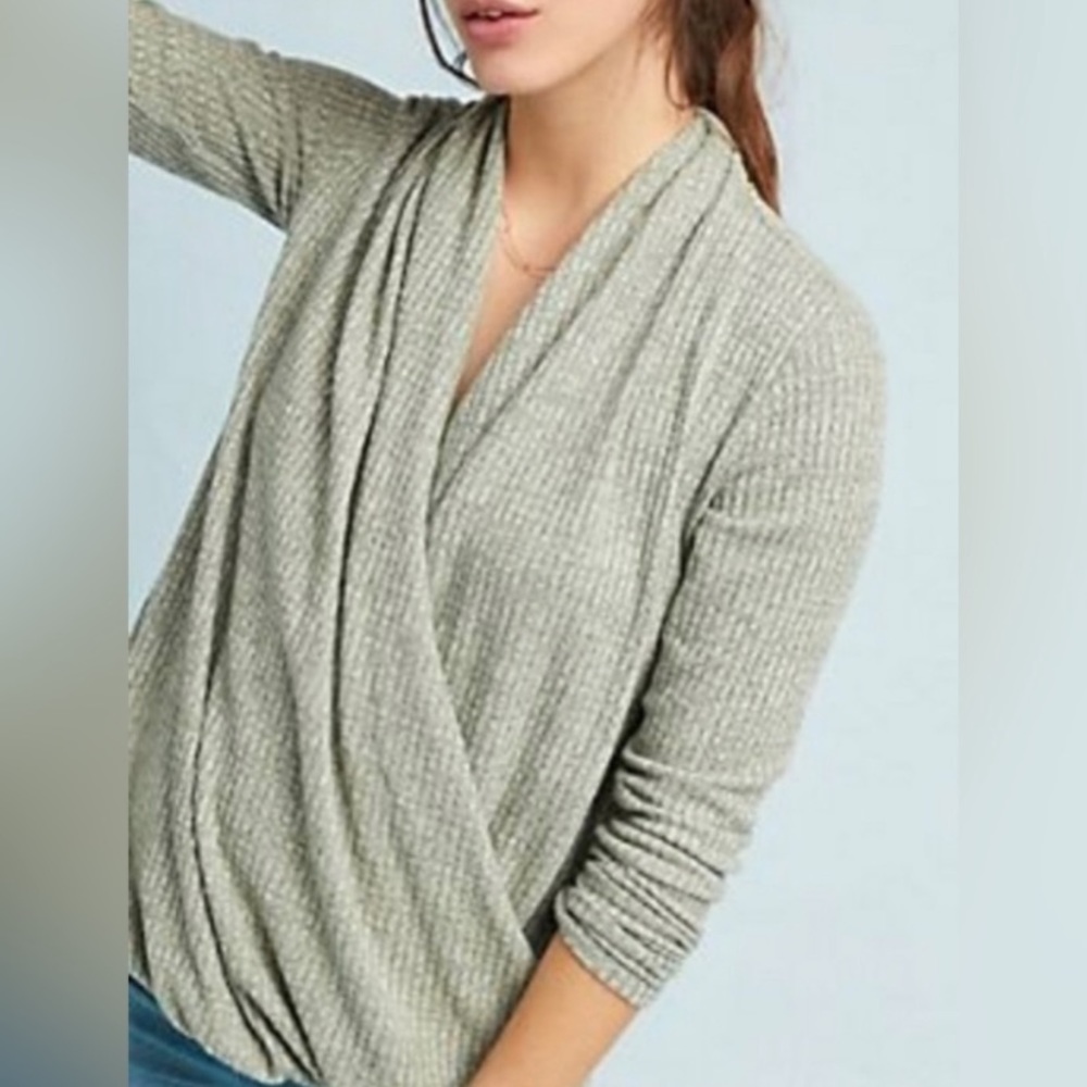 Anthropologie Olive Green Ribbed Wrap-Front Sweater